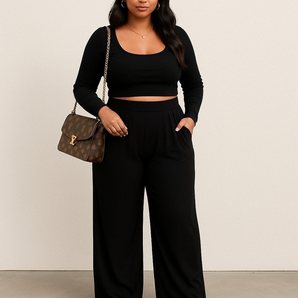 💲⬇️2 Pcs Ribbed Crop Top and Wide Leg Pants Set with Pockets - Picture 7 of 7